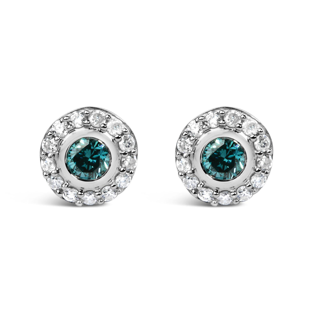 Close-up front view of a pair of white metal round stud earrings each featuring a central round blue gemstone surrounded by a halo of round white gemstones in prong settings.