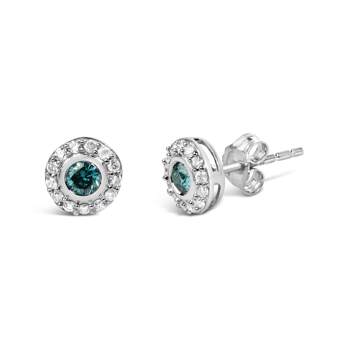 Close-up front and side angle of white metal round stud earrings with blue gemstone centers surrounded by white gemstones in prong settings.