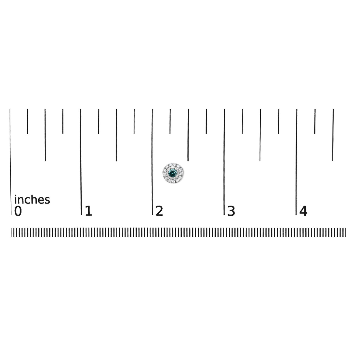 Close-up front view of a single round white metal earring with a central blue round gemstone surrounded by a circle of white round gemstones, shown on a measuring scale with inch markings.