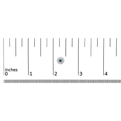 Close-up front view of a single round white metal earring with a central blue round gemstone surrounded by a circle of white round gemstones, shown on a measuring scale with inch markings.
