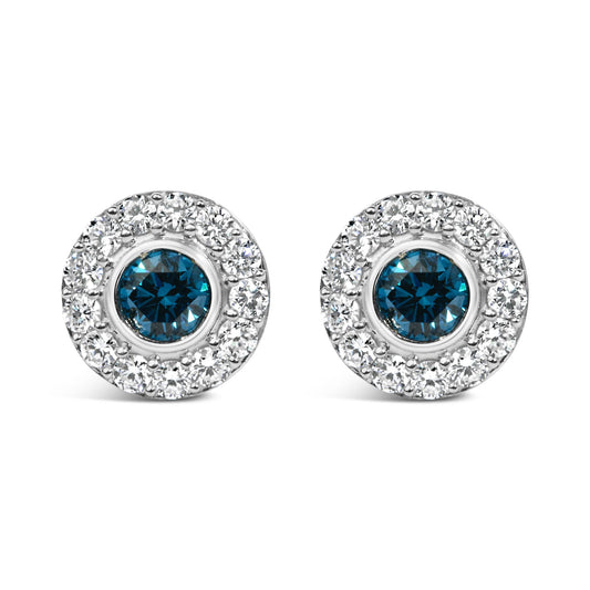Front view of Sterling Silver 1 1/2 Cttw Blue and White Lab Grown Diamond Round Halo Stud Earrings on white background