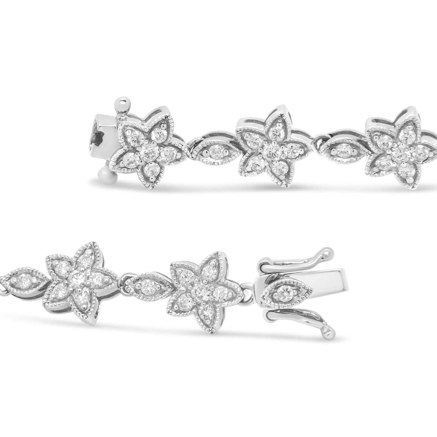 White metal bracelet with flower-shaped links featuring white round gemstones in prong settings, shown from a side angle.