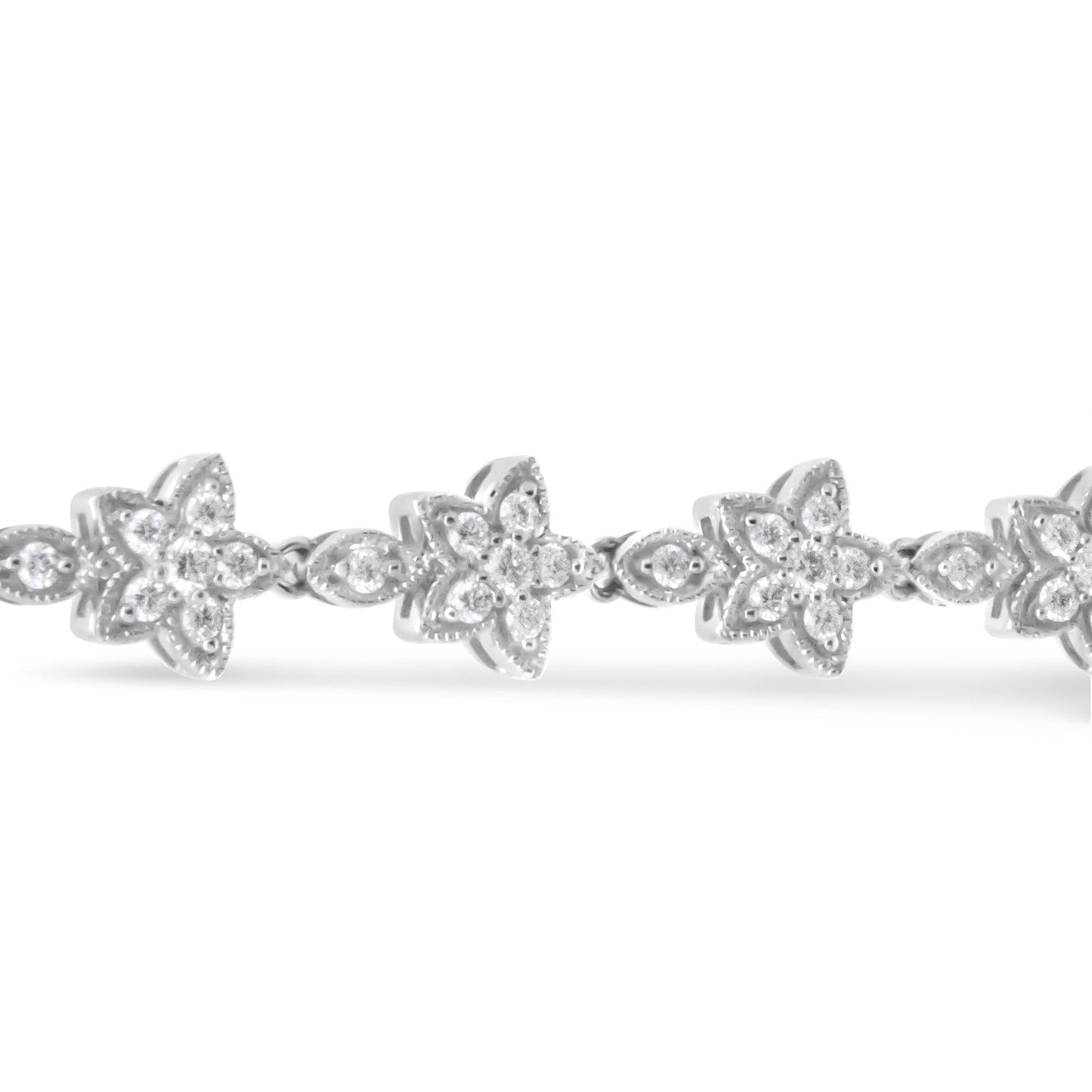Close-up front view of a white bracelet featuring a floral pattern with clusters of round white gemstones in prong settings.