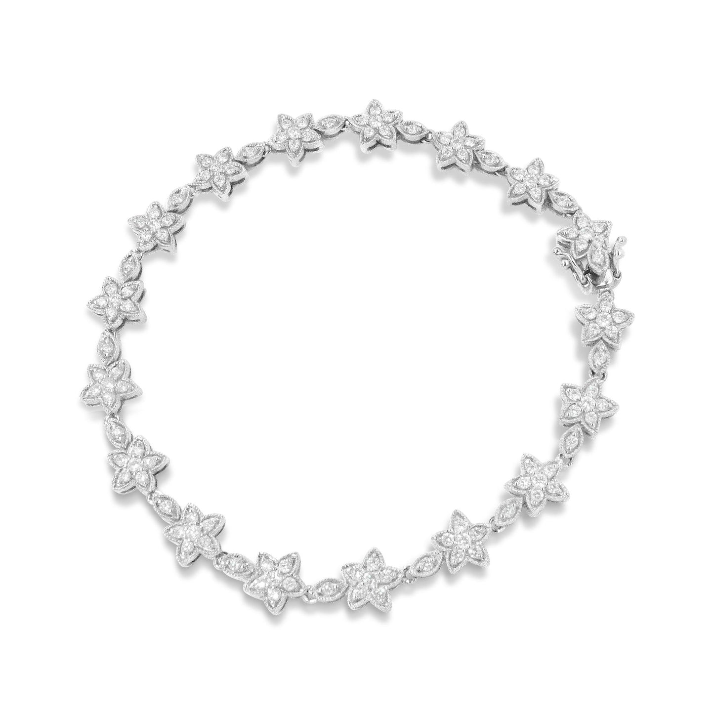 Top-down view of a white bracelet featuring alternating flower-shaped and marquise-shaped links, each adorned with round white gemstones in prong settings.