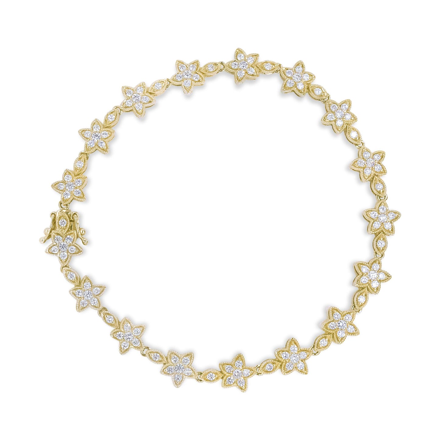 Top-down view of a yellow bracelet featuring flower-shaped designs with white round prong-set gemstones.