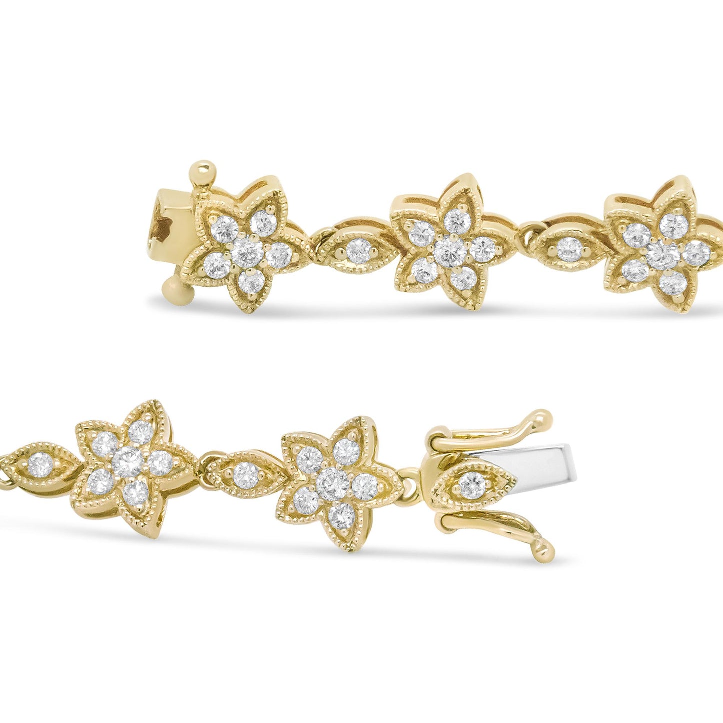 Close-up side angle of a yellow metal bracelet with flower and leaf-shaped designs, each set with round white gemstones, showing the clasp.