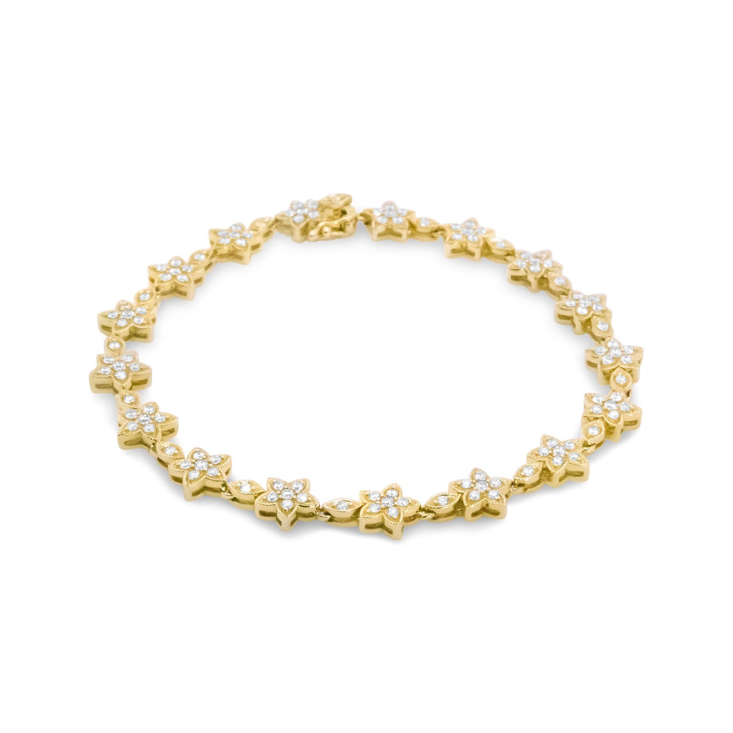 Yellow metal bracelet with flower-shaped links set with round white gemstones, shown in a flat lay front angle.