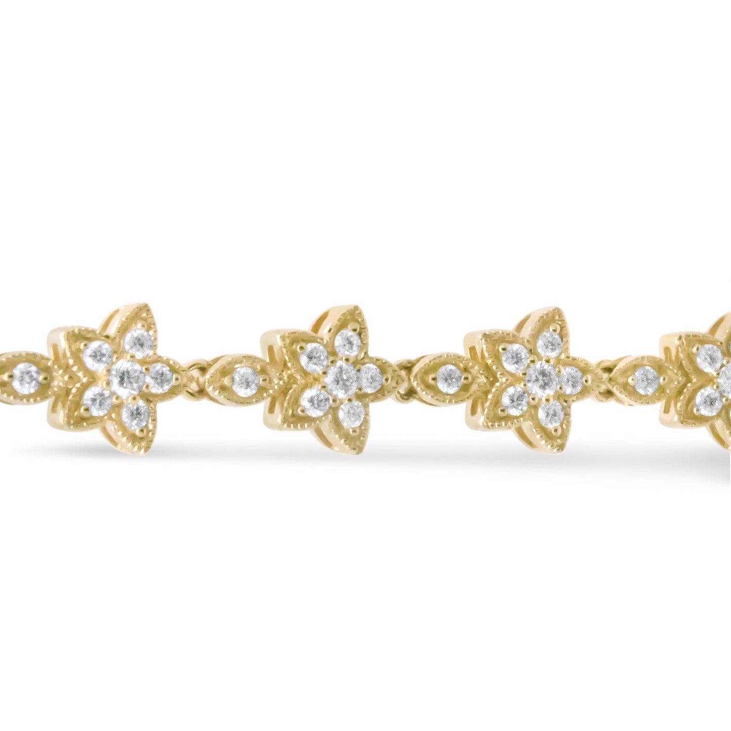 Close-up front view of a yellow bracelet featuring flower-shaped links with round white gemstones in prong settings.