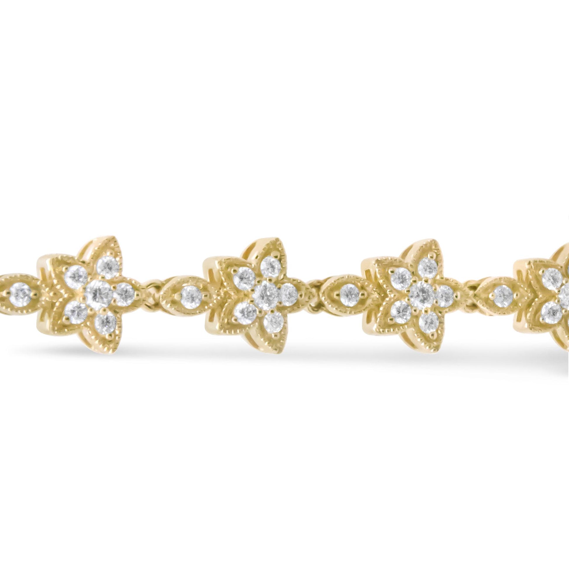 Close-up front view of a yellow bracelet featuring flower-shaped links with round white gemstones in prong settings.