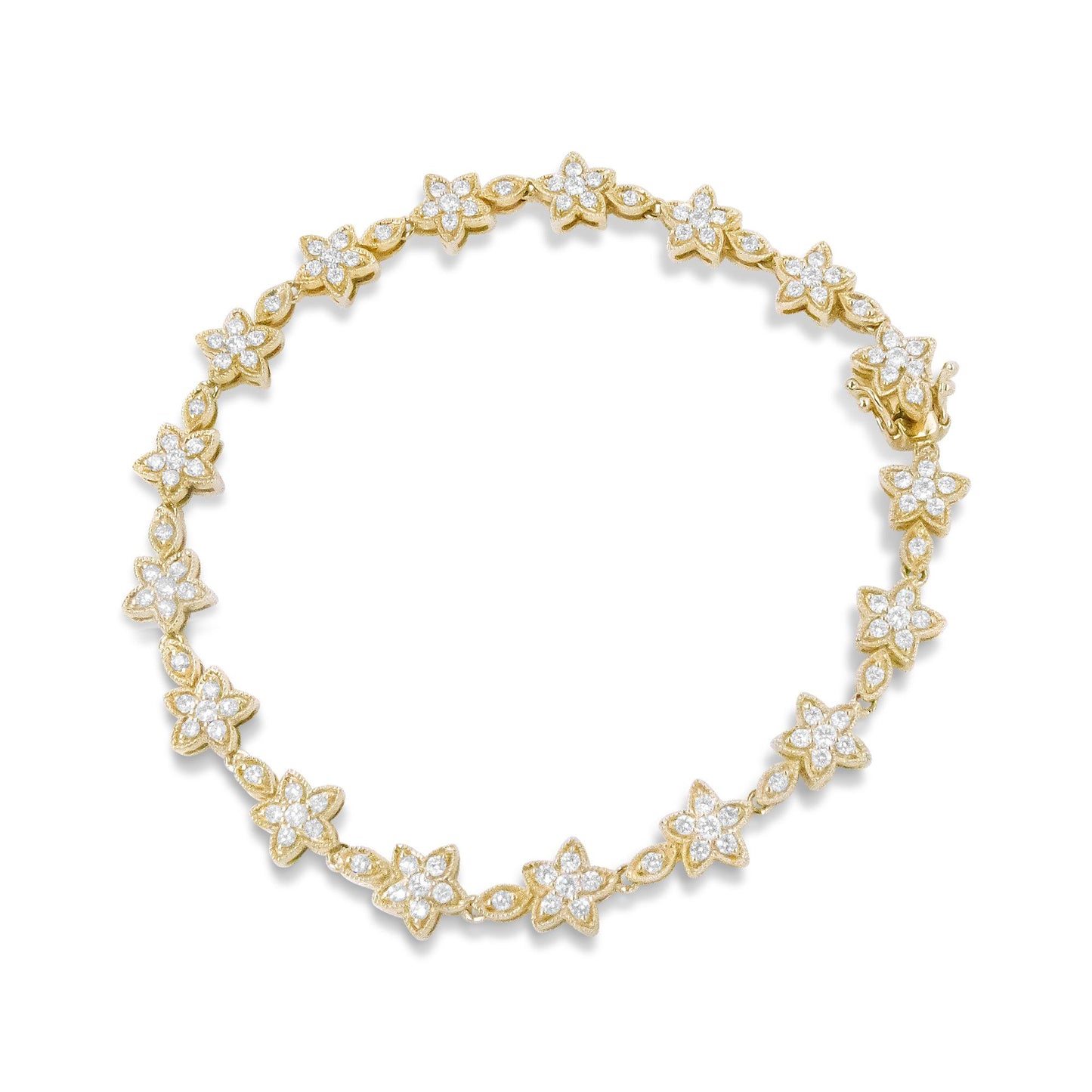 Top-down view of a yellow bracelet composed of floral-shaped links, each set with round white gemstones in prong settings.