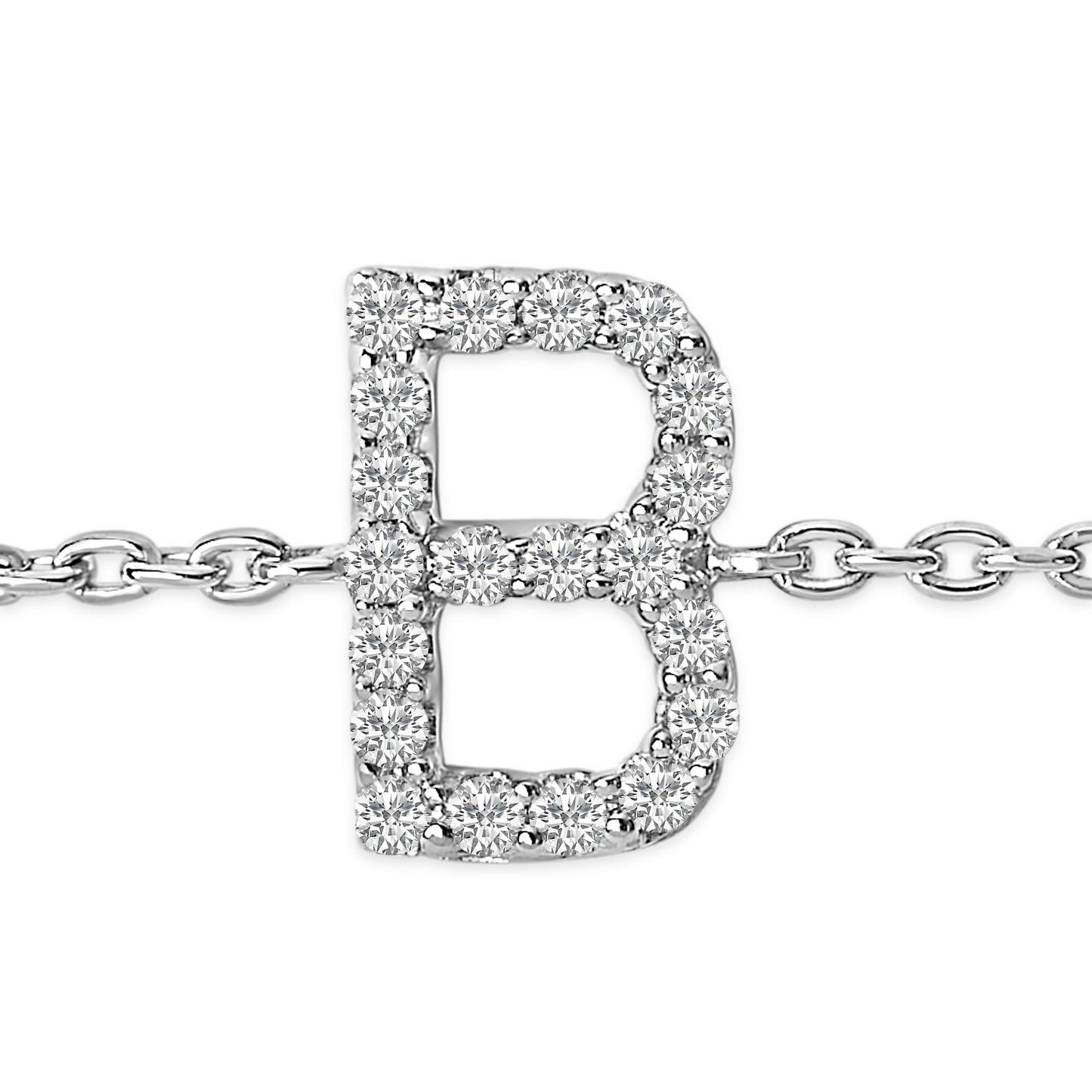Close-up front view of a white metal bracelet featuring a letter B shaped charm adorned with round white gemstones in micro-pave setting, shown on a white background.