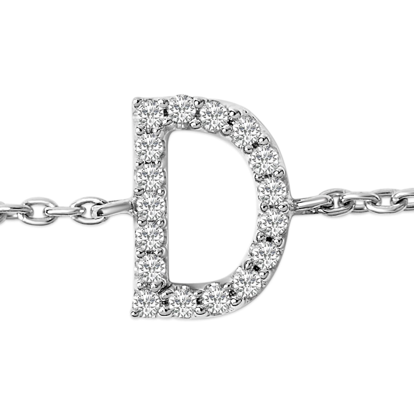 Close-up front view of a white metal bracelet featuring a letter D adorned with round white gemstones in a micro-pave setting on a chain link.