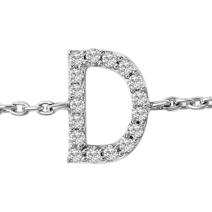 Close-up front view of a white metal bracelet featuring a letter D adorned with round white gemstones in a micro-pave setting on a chain link.