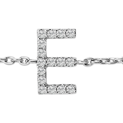 Close-up front view of a white bracelet with a letter 'E' pendant adorned with round white gemstones in a micro-pave setting, attached to a linked chain.
