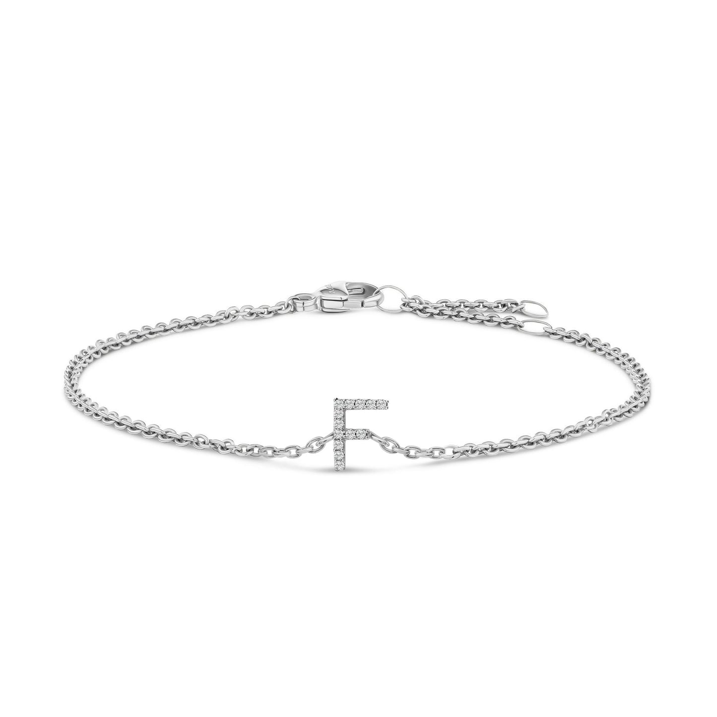 White bracelet with a chain design and a letter-shaped charm set with small round white gemstones, shown from a front angle on a white background.