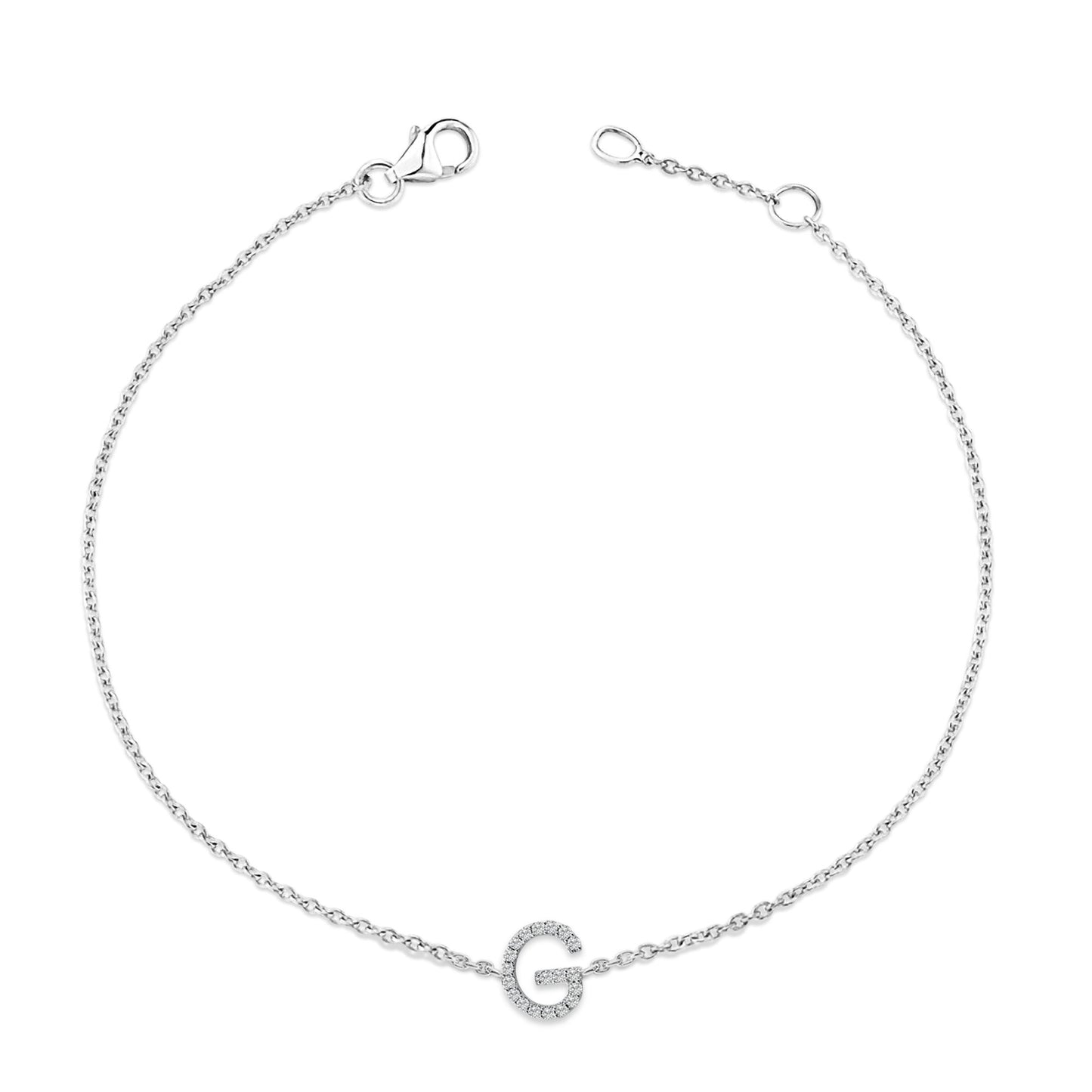 White bracelet with a delicate chain and a circular charm encrusted with white round gemstones in a micro-pave setting, shown from a top-down angle.