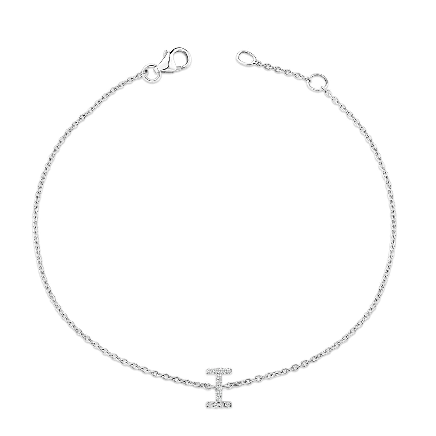 White metal bracelet with a round micro-pave set white gemstone bar charm, shown flat from a top-down angle.