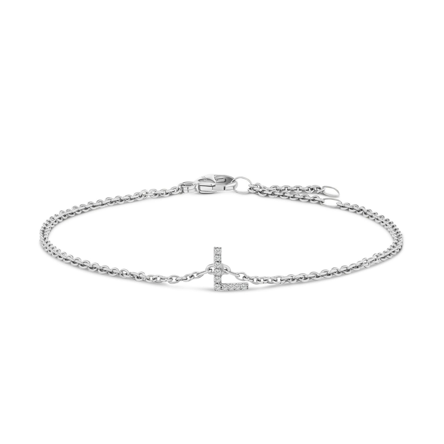 White metal bracelet with a chain and an L-shaped charm featuring small white gemstones in a micro-pave setting, shown from a top front angle on a white background.