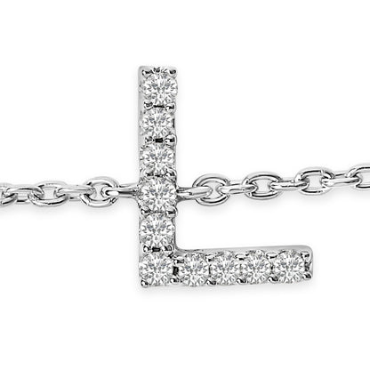 Close-up front angle of a white metal bracelet with an L-shaped pendant adorned with round white gemstones in a micro-pave setting, displayed on a chain.