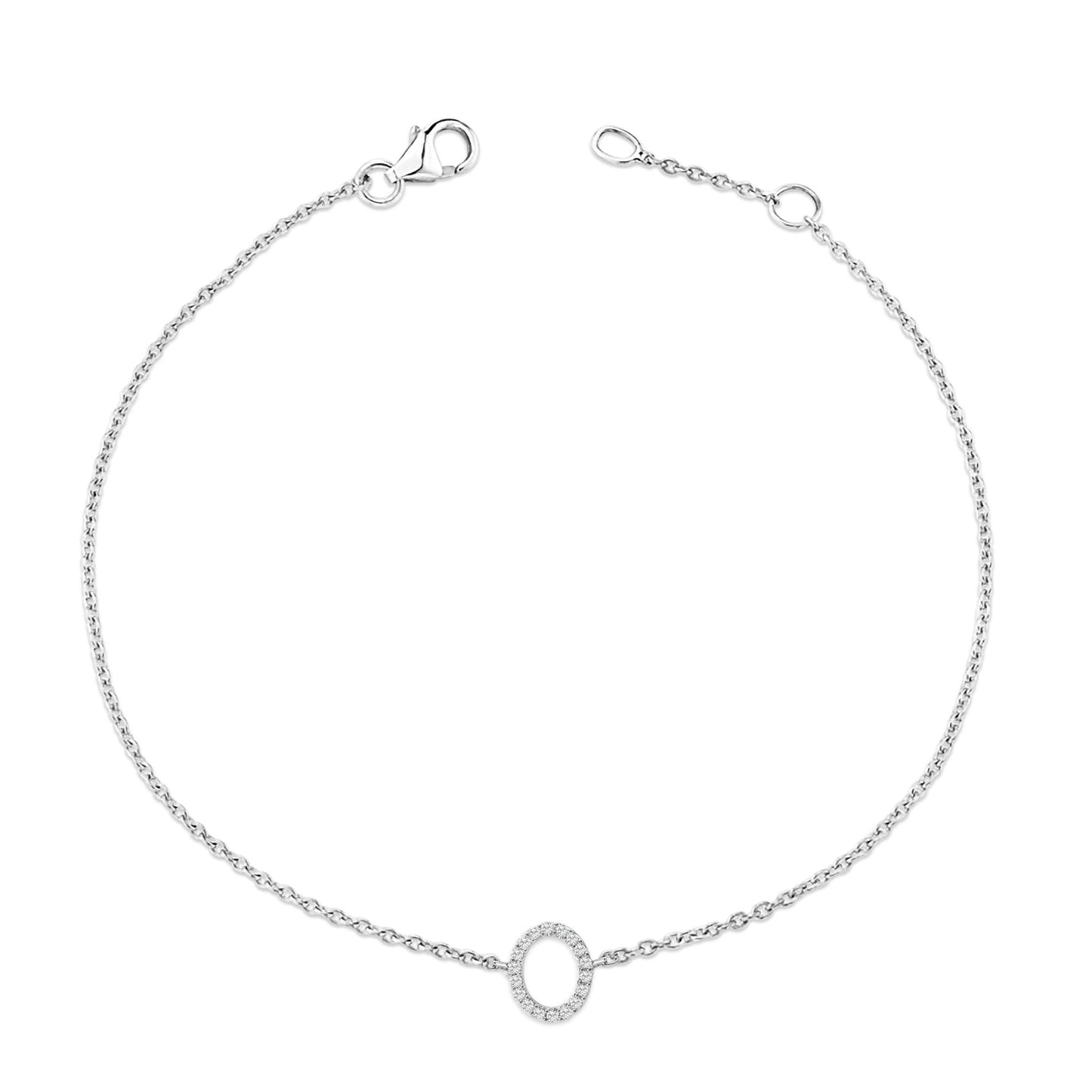 Top-down view of a delicate white bracelet with a small oval centerpiece adorned with round white gemstones in a micro-pave setting.