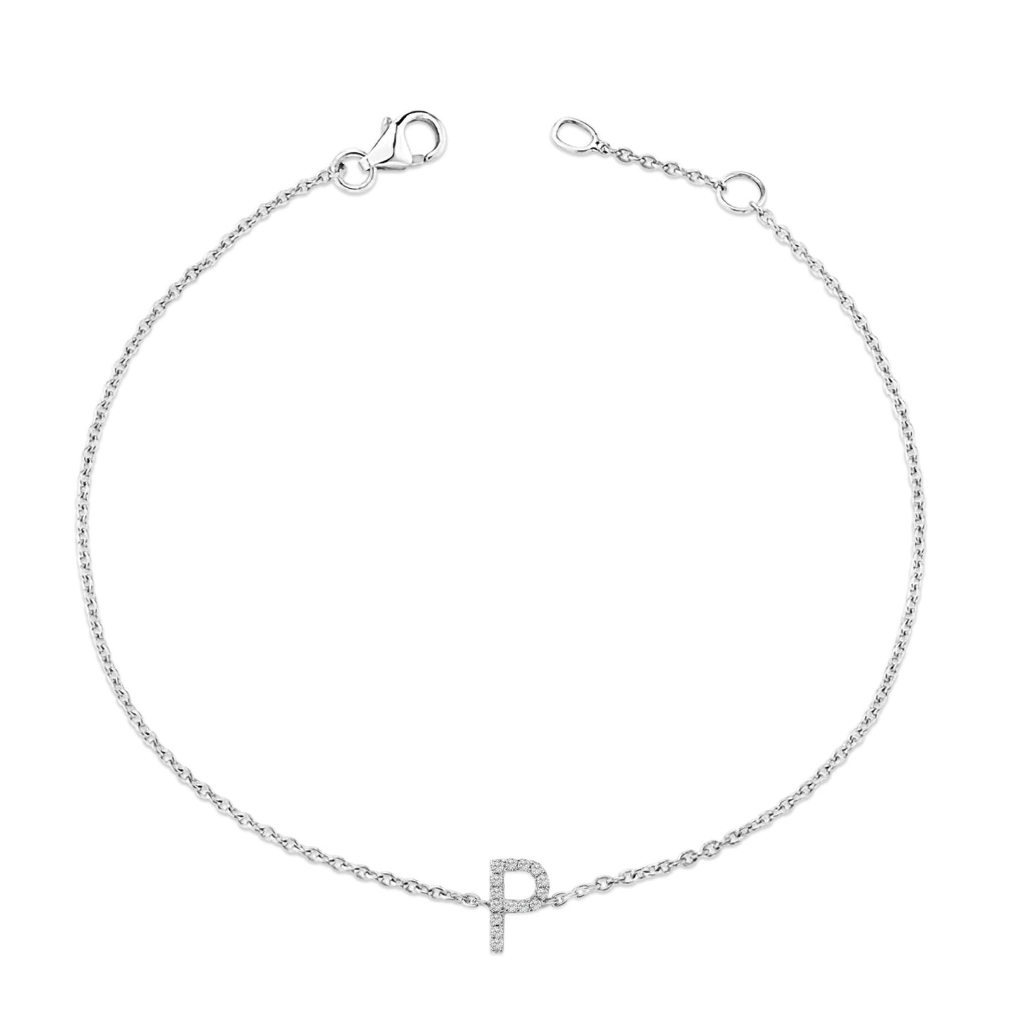 White metal bracelet with a delicate chain and a letter 'P' charm adorned with small round white gemstones in a micro-pave setting, shown from a top-down angle on a white background.