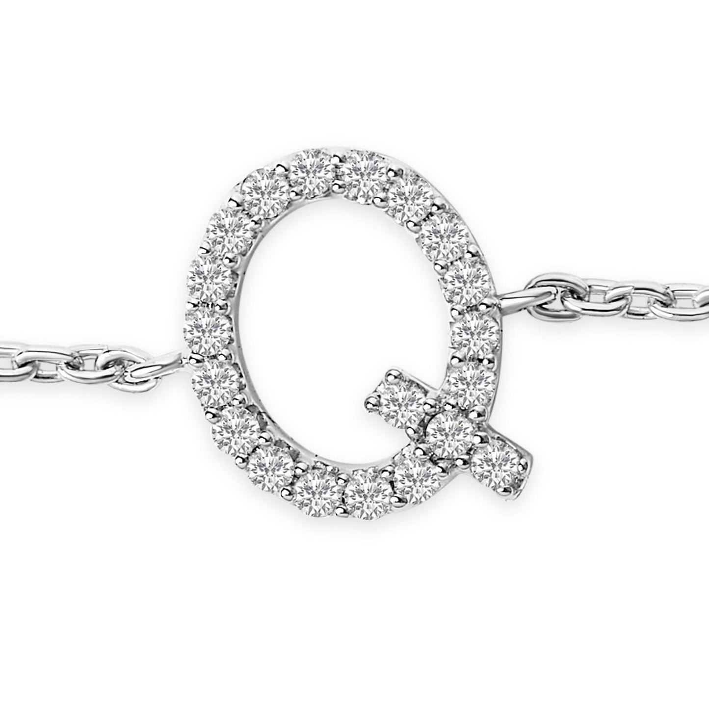Close-up front view of a white metal bracelet featuring a circular charm outlined with small round white gemstones set in a micro-pave style, attached to a chain on both sides.