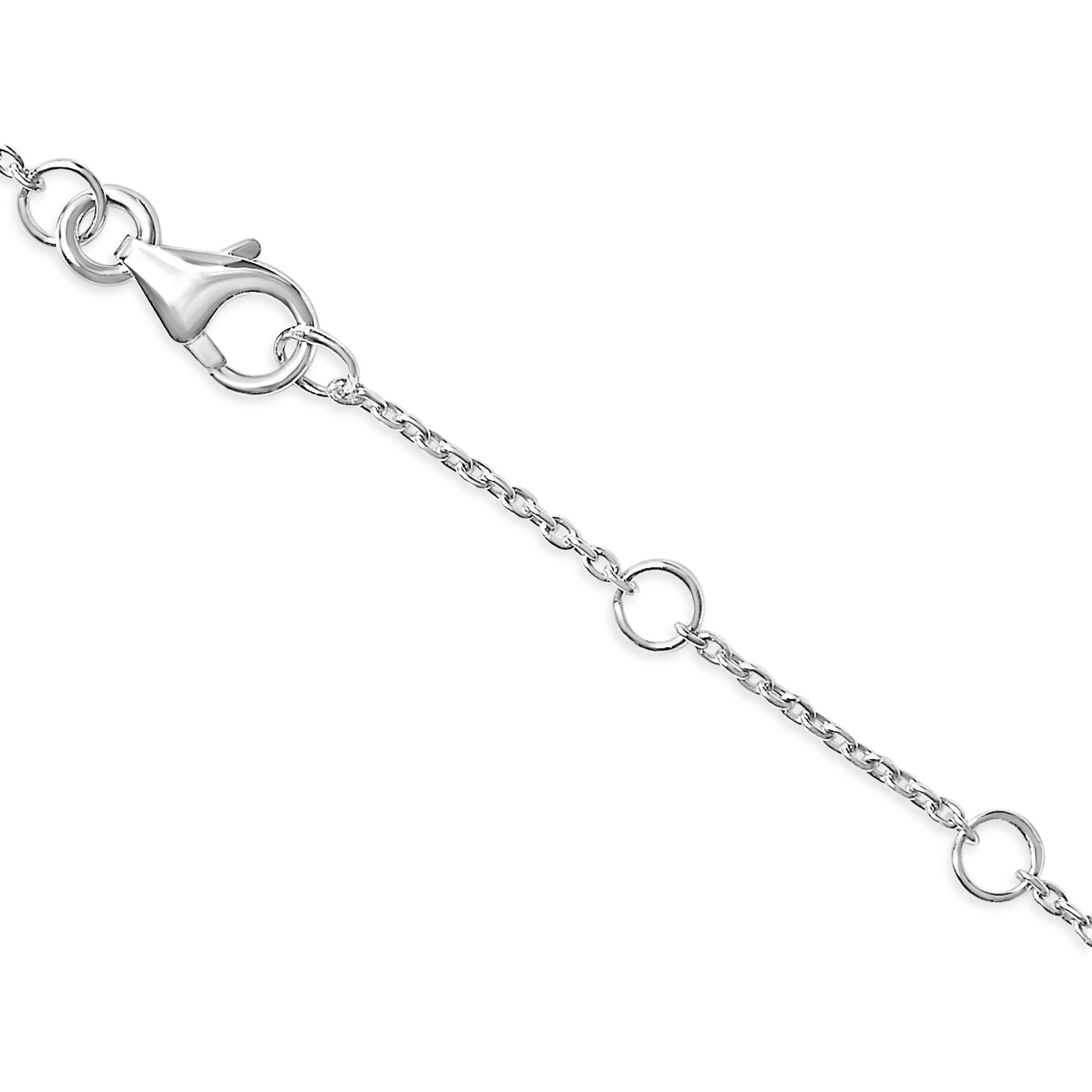 Close-up image of a white metal bracelet chain with a lobster clasp, shown from a top angle.