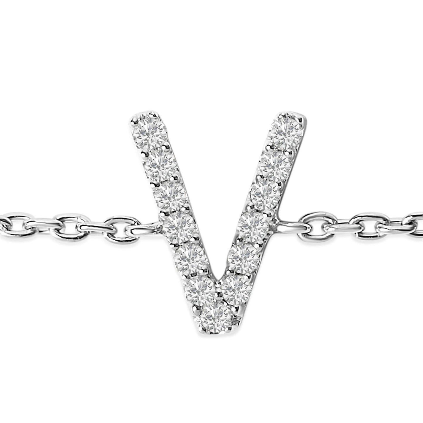 Close-up front view of a white bracelet chain featuring a V-shaped charm adorned with round white gemstones in a micro-pave setting.