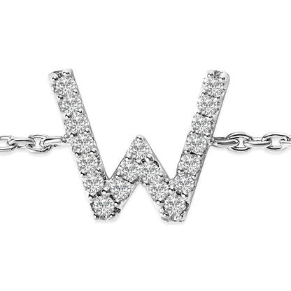 Close-up front view of a white metal bracelet featuring a letter W pendant adorned with round white gemstones in a micro-pave setting.