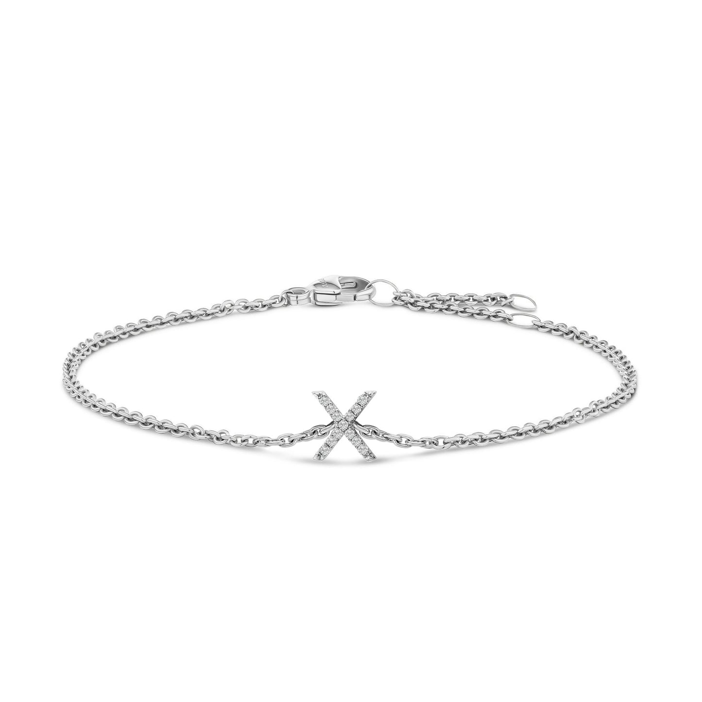 White metal bracelet with a chain link design and an X-shaped centerpiece set with small white gemstones, shown from a front angle on a white background.