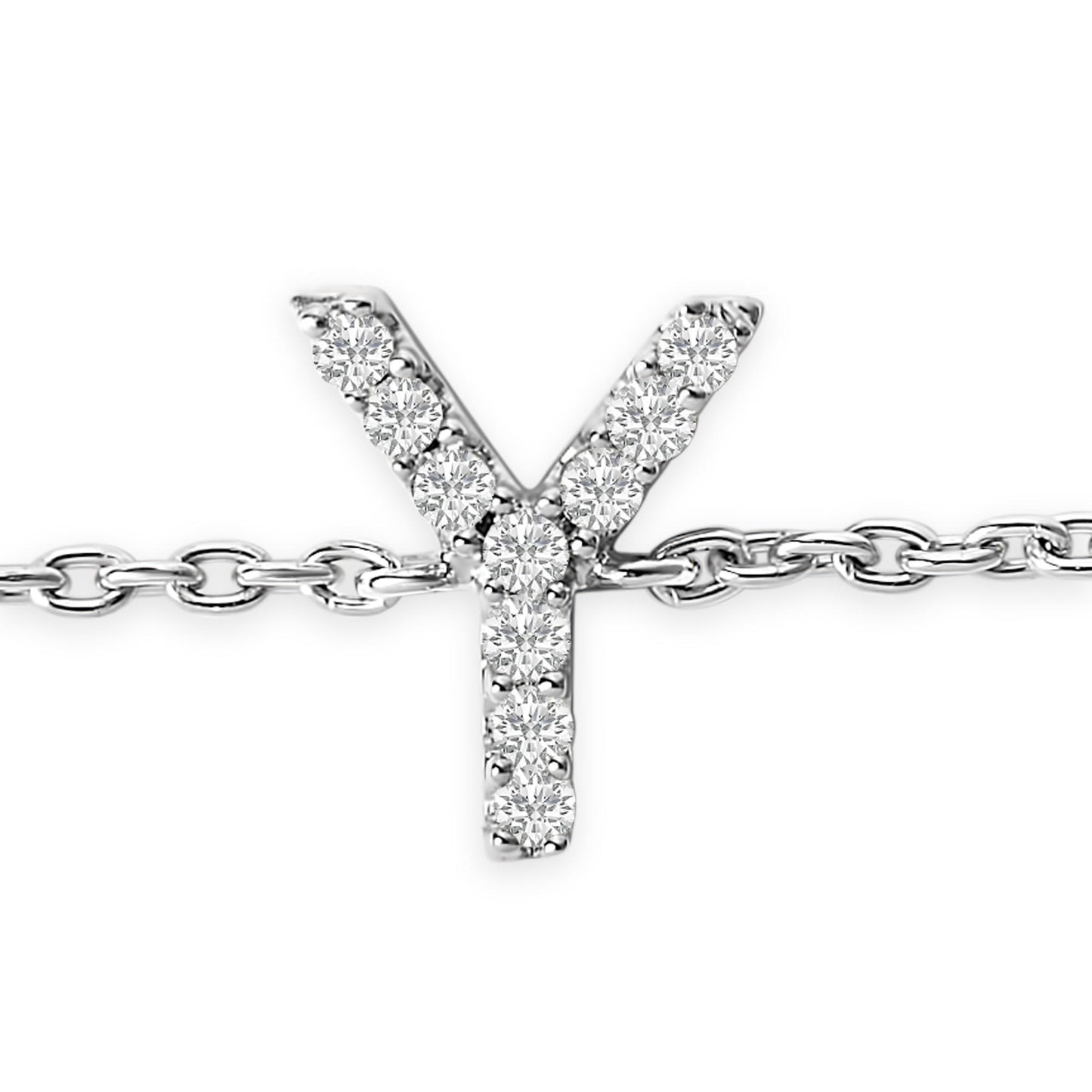 Close-up front view of a white bracelet chain featuring a pendant in the shape of the letter 'Y' adorned with round white gemstones in a micro-pave setting.