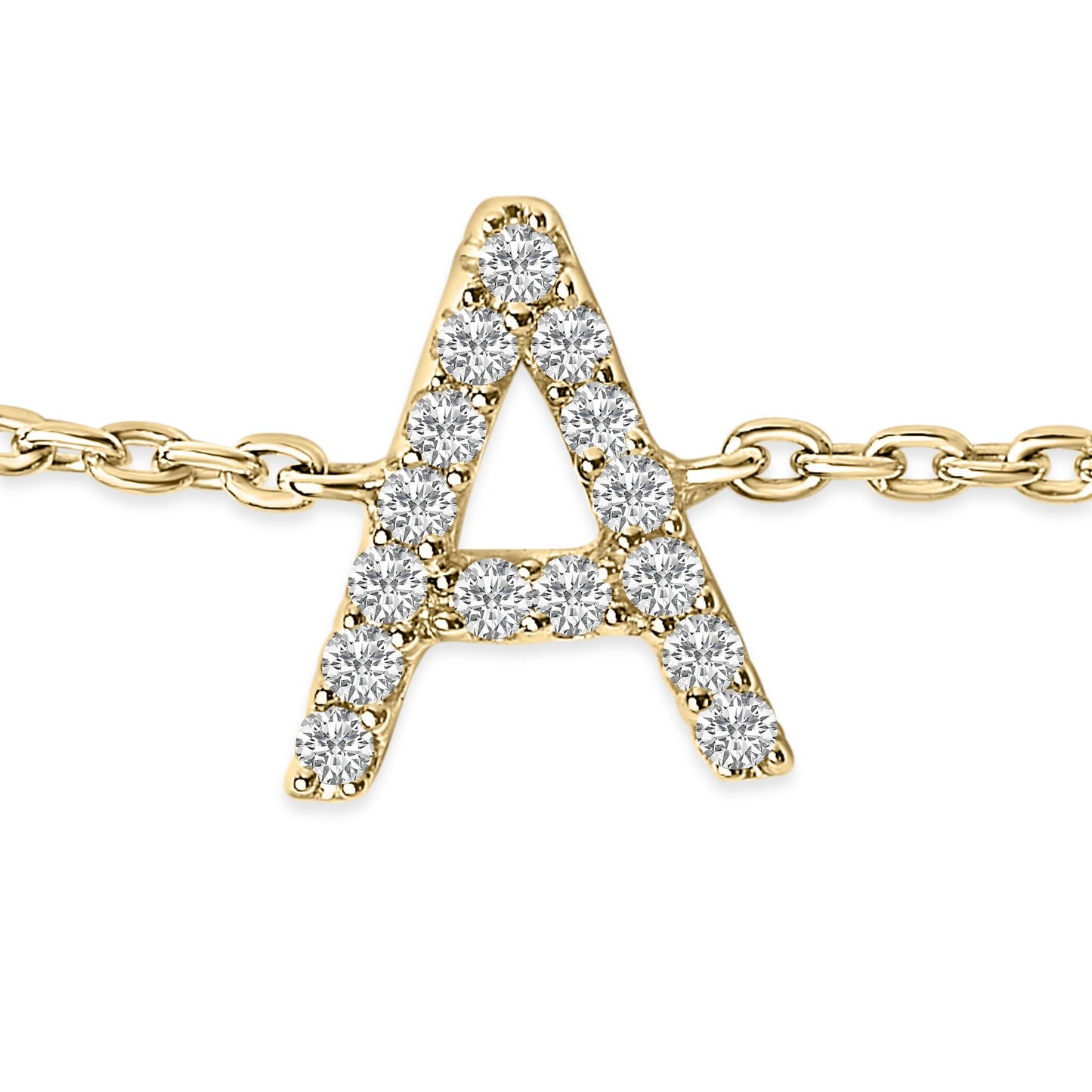 Close-up front view of a yellow metal bracelet featuring a letter A pendant adorned with round white gemstones in a micro-pave setting, shown on a chain.