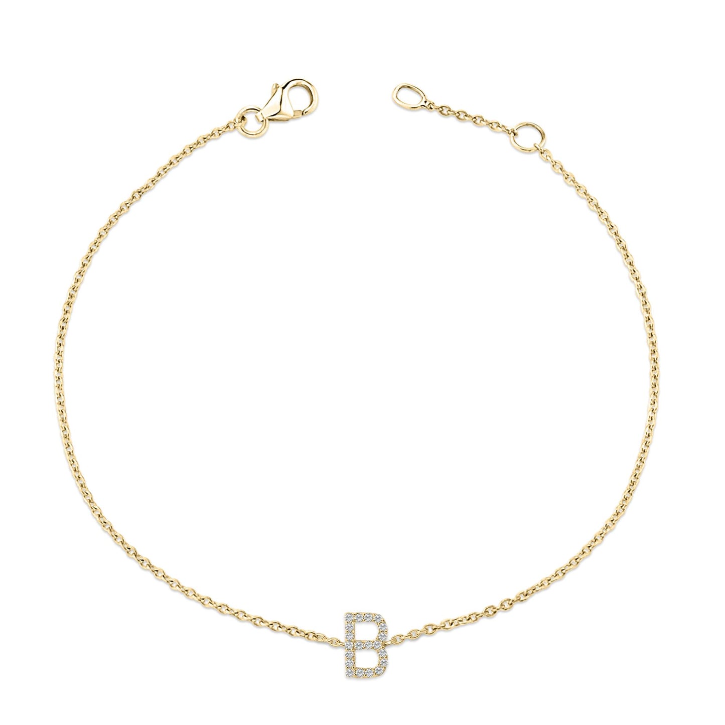 Bracelet photographed from above, featuring a yellow-colored chain with a pendant shaped like the letter B adorned with small white gemstones in a micro-pave setting.