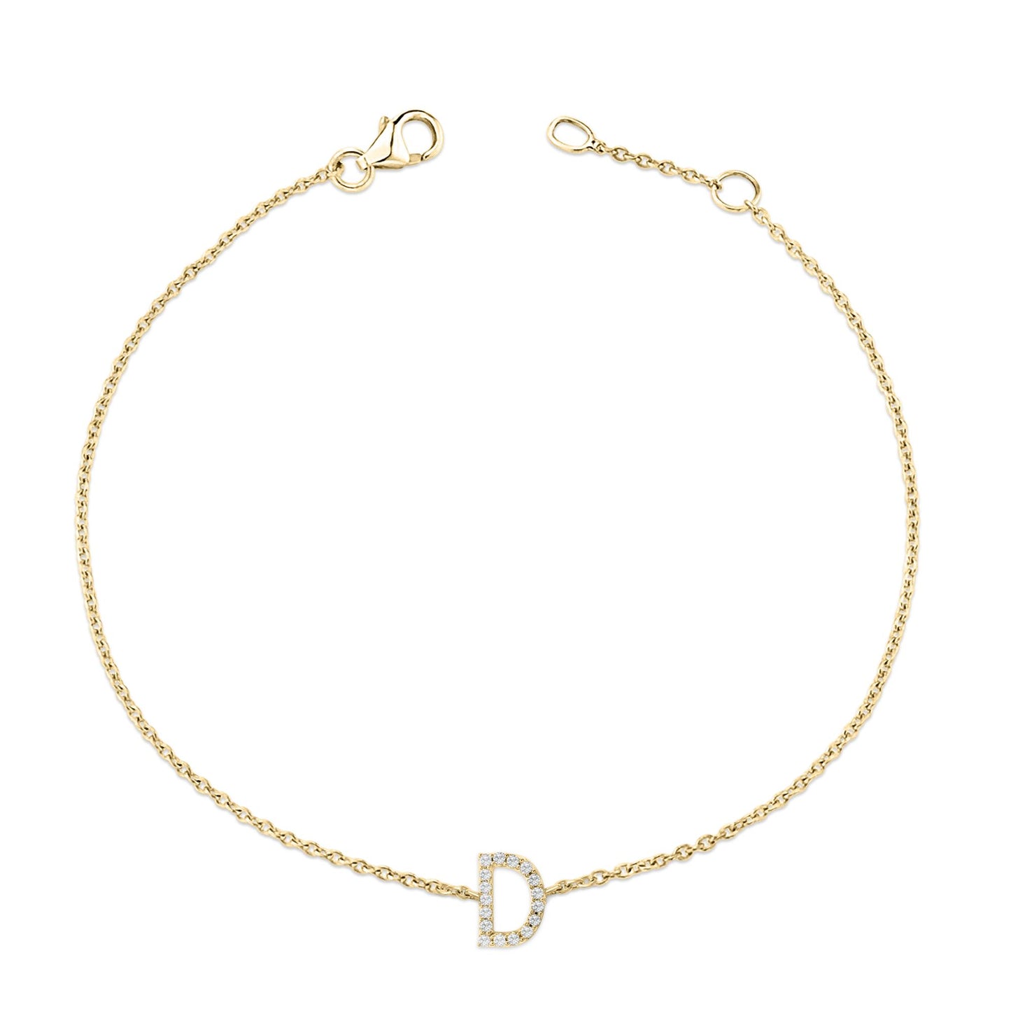 Top-down view of a yellow metal bracelet with a chain and a letter D-shaped charm adorned with round white gemstones in micro-pave setting.