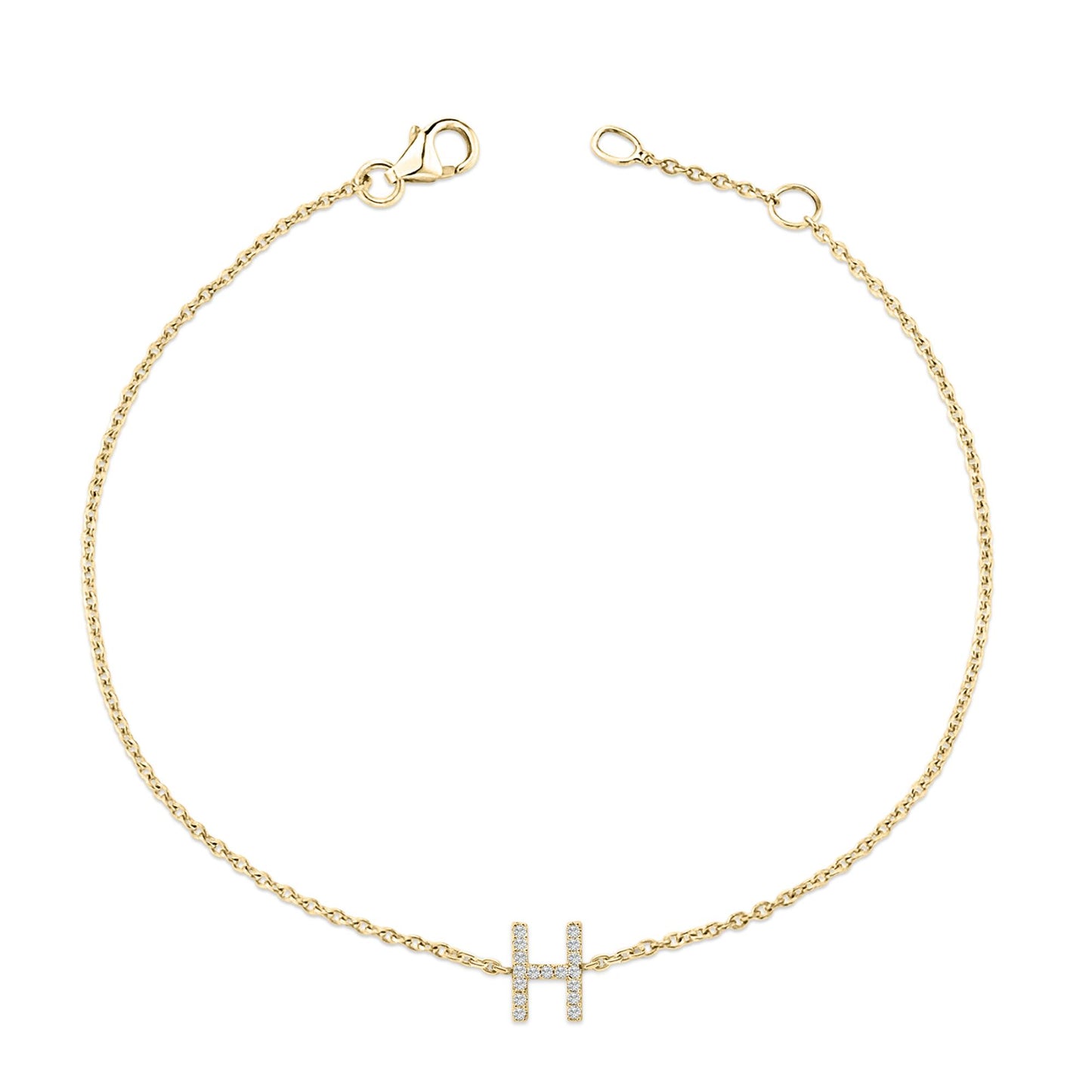 Yellow metal bracelet with a delicate chain and a horizontal bar pendant shaped like the letter H, set with small white gemstones in a micro-pave setting, shown from a top-down angle.