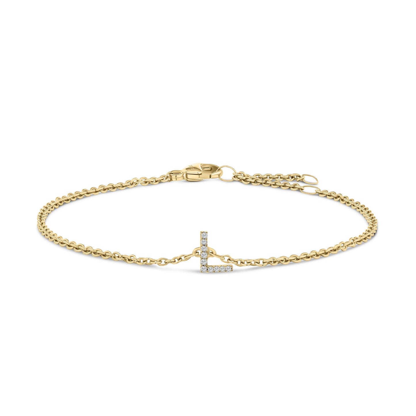 Yellow metal bracelet with an L-shaped pendant featuring white round gemstones in a micro-pave setting, shown from a front angle on a white background.