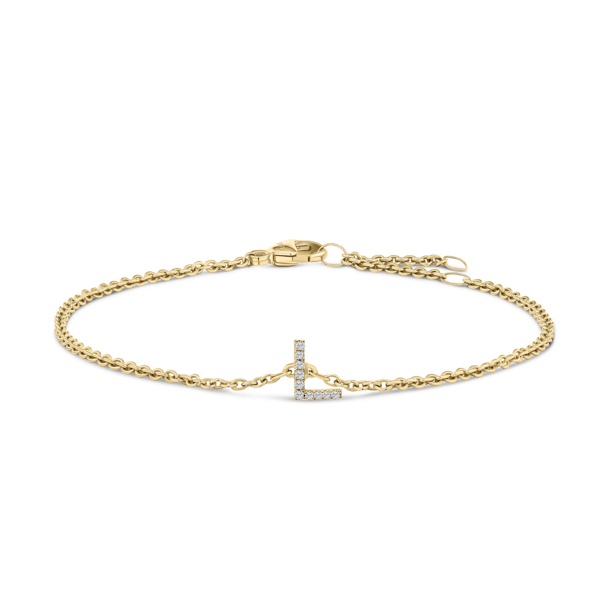 Yellow metal bracelet with an L-shaped pendant featuring white round gemstones in a micro-pave setting, shown from a front angle on a white background.