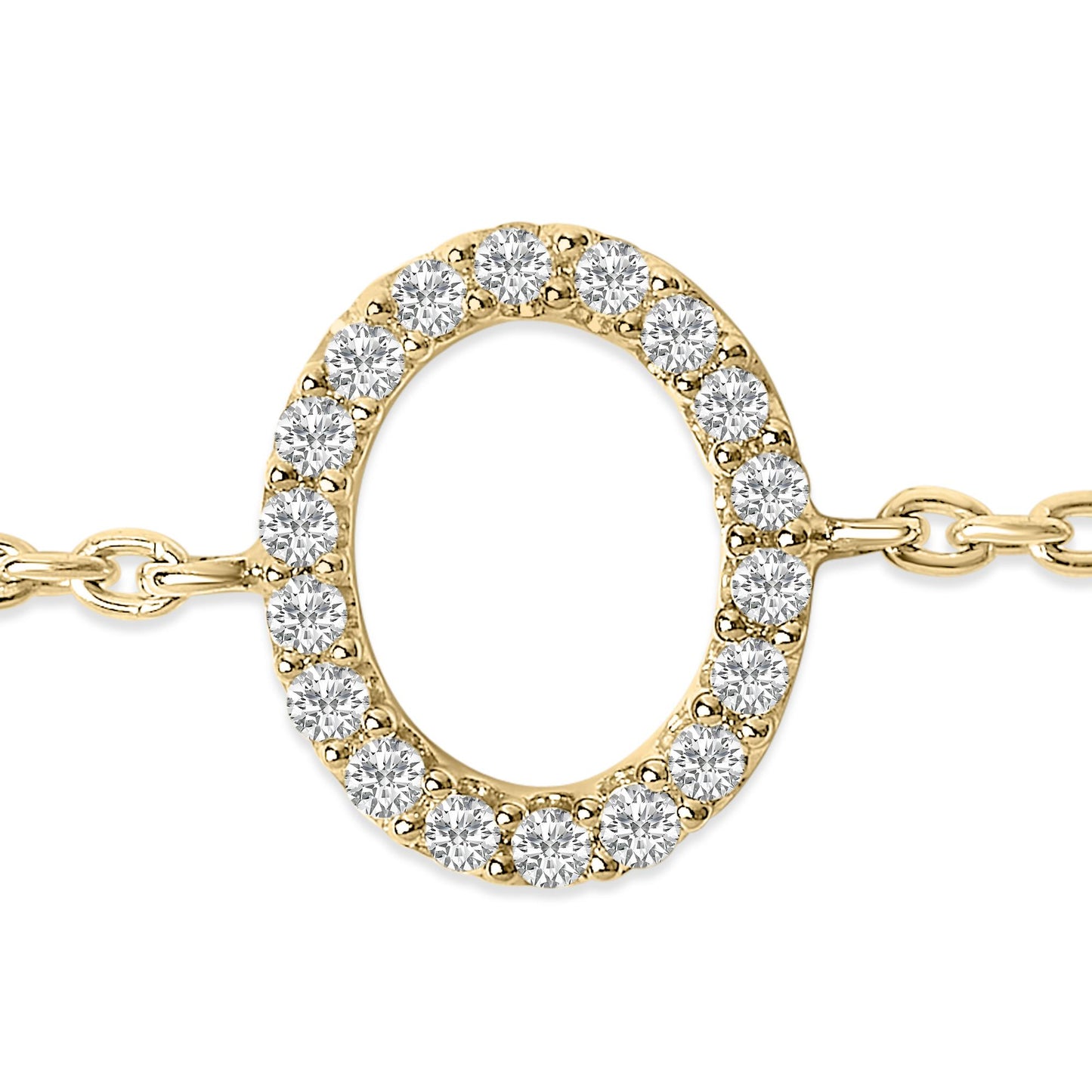 Close-up front angle of a yellow metal bracelet featuring a circular centerpiece set with small round white gemstones in a micro-pave setting, shown on a white background.