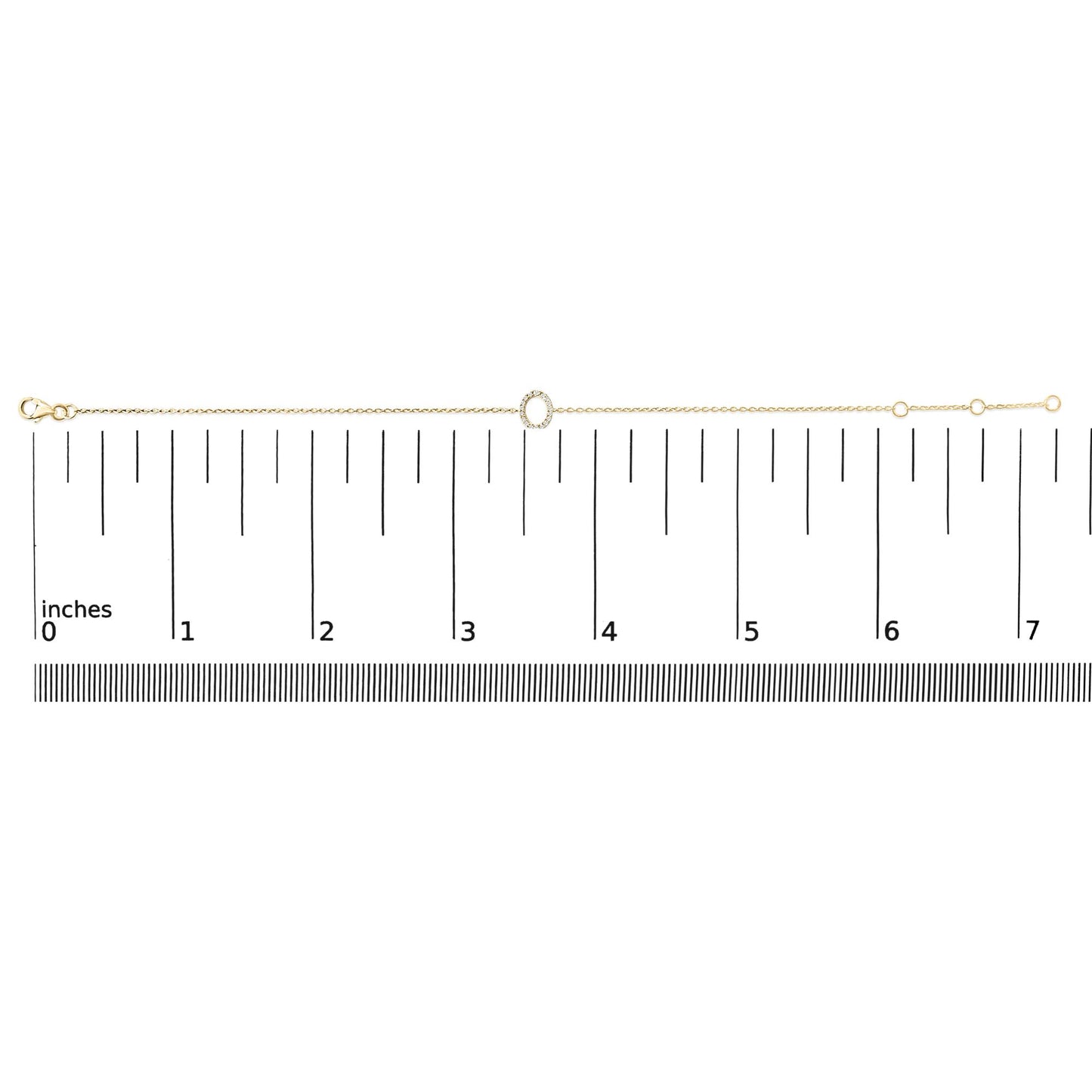Yellow bracelet with a circular center decorated with white round gemstones in a micro-pave setting, shown flat on a horizontal scale, top-down view.