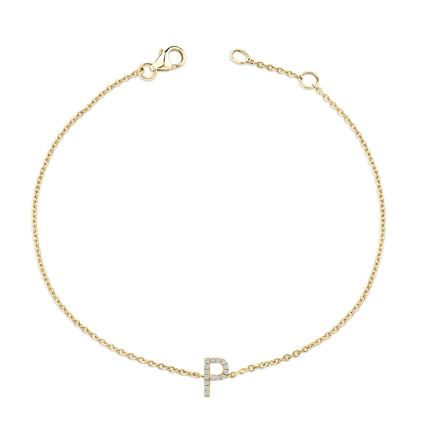 Bracelet with a delicate yellow chain and a centered letter 'P' charm adorned with small white gemstones, shown from above on a white background.