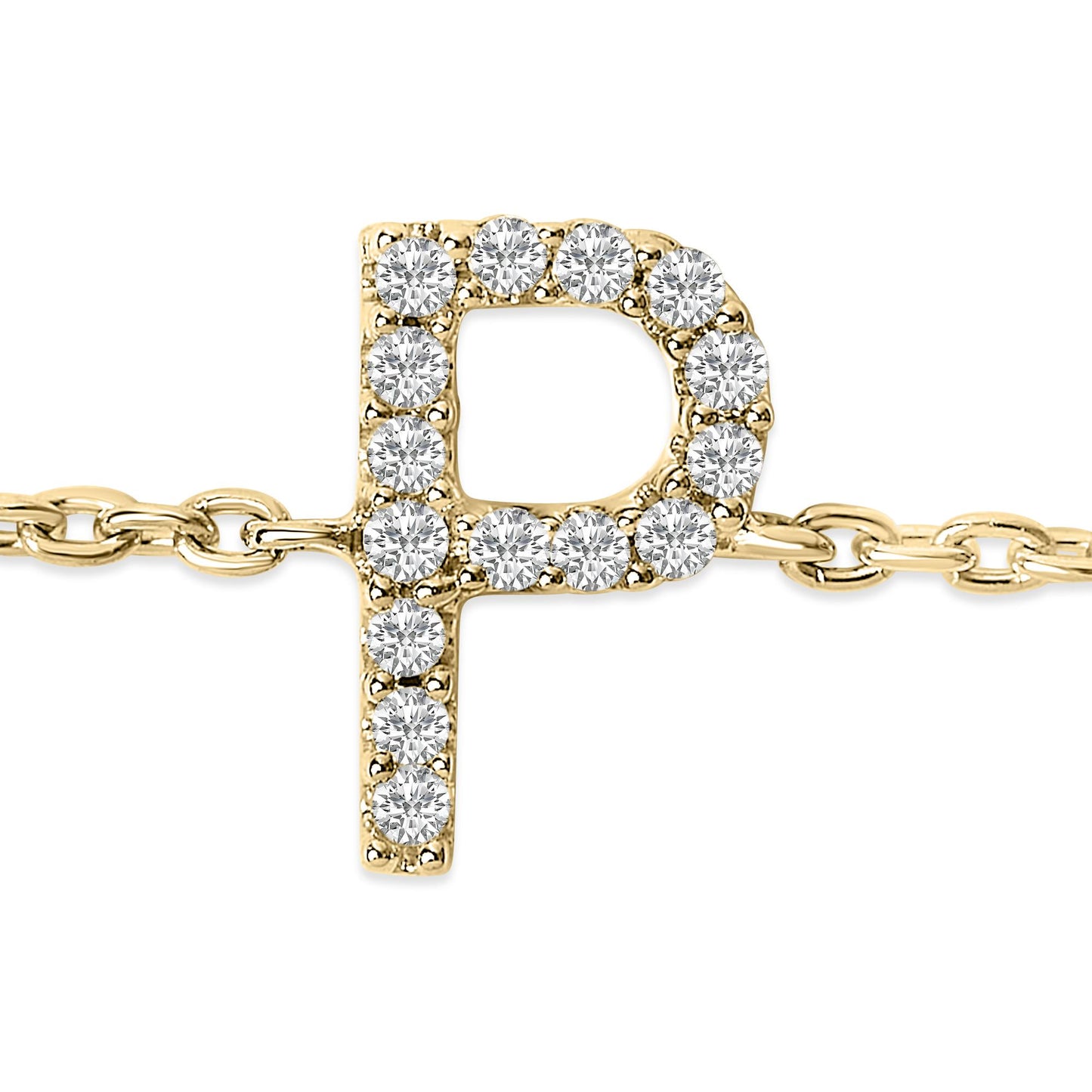 Close-up front view of a yellow metal bracelet featuring a letter 'P' pendant adorned with round white gemstones in a micro-pave setting.