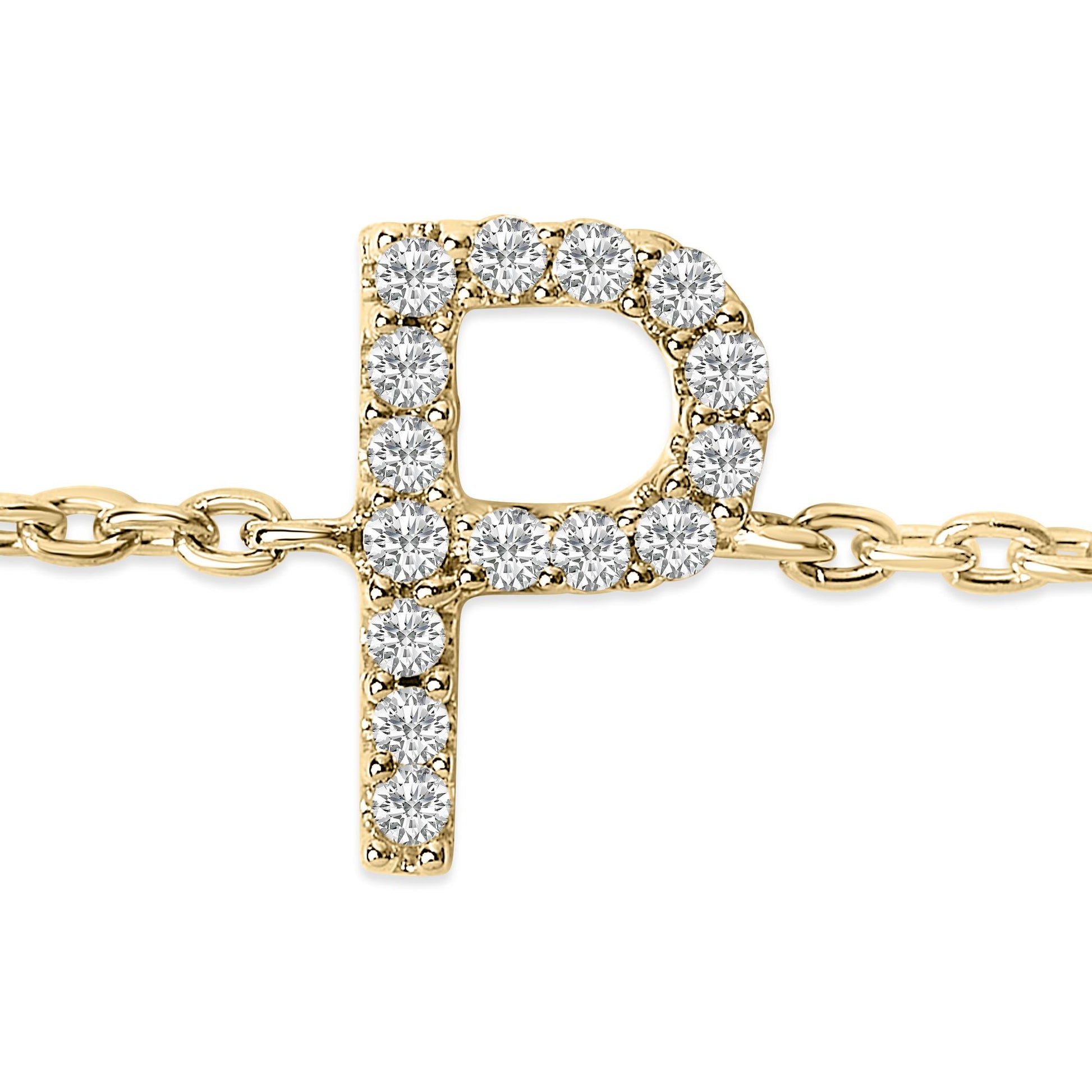 Close-up front view of a yellow metal bracelet featuring a letter 'P' pendant adorned with round white gemstones in a micro-pave setting.