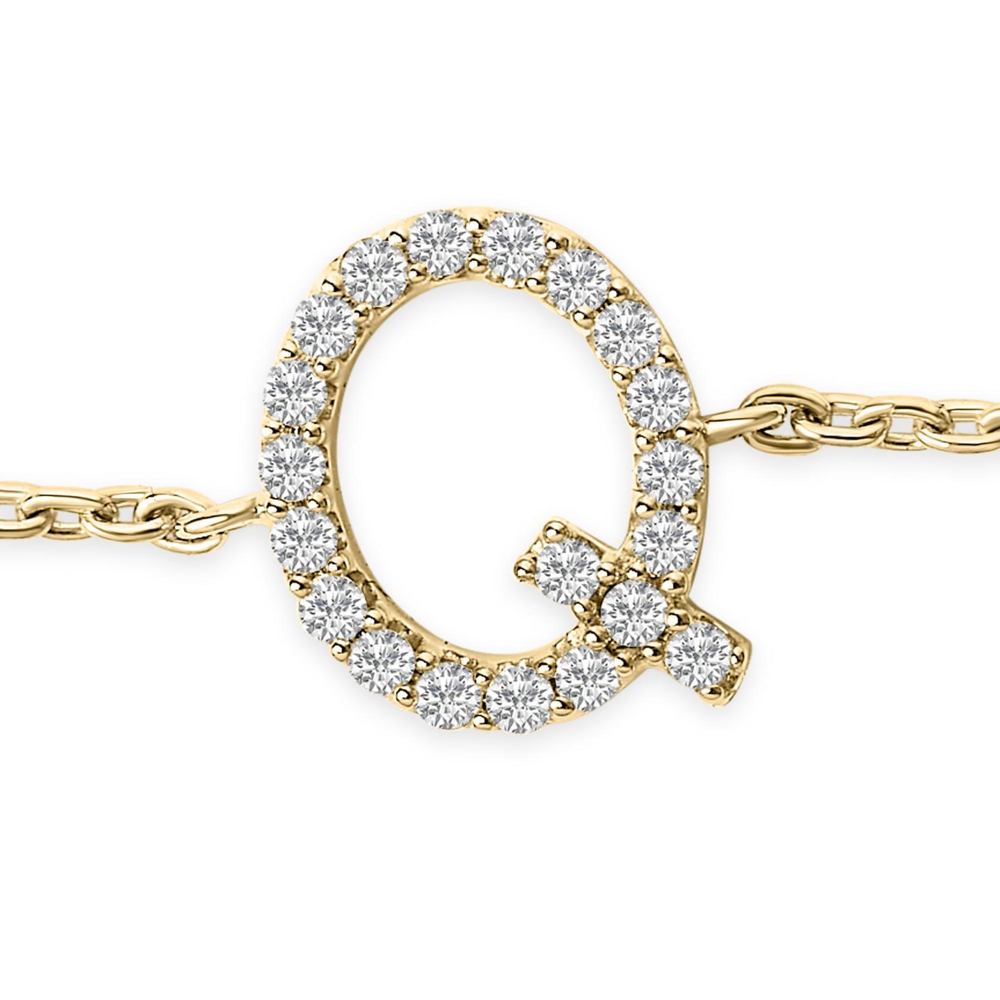 Close-up front view of a yellow bracelet featuring a circular charm encrusted with round white gemstones in a micro-pave setting, attached to a chain on both sides.