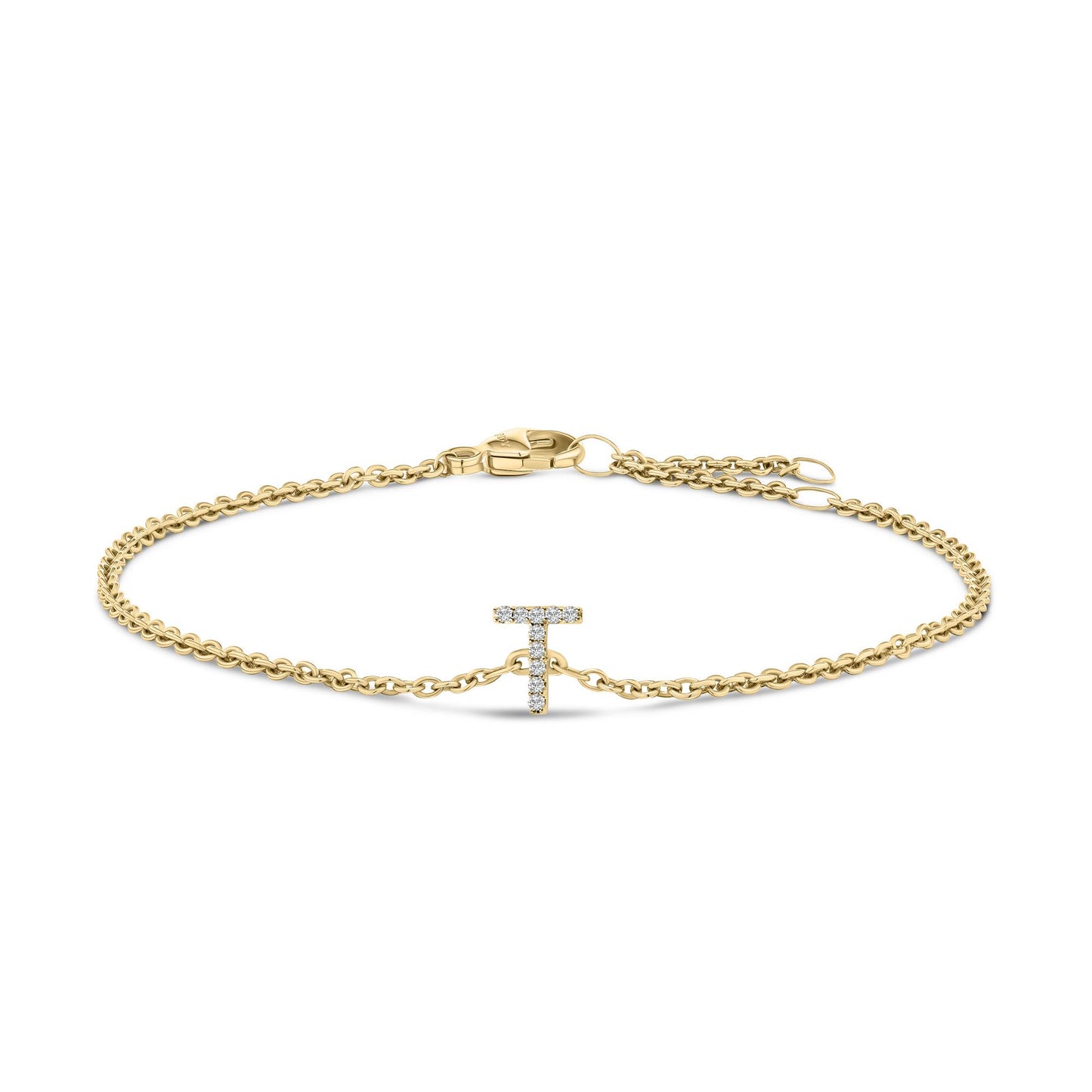 Yellow metal chain bracelet with a T-shaped centerpiece set with small white gemstones, shown from the front on a white background.