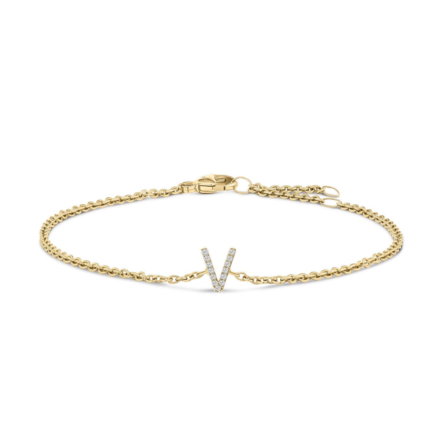 Yellow metal bracelet with a V-shaped centerpiece adorned with white gemstones in a micro-pave setting, shown from a front angle on a white background.