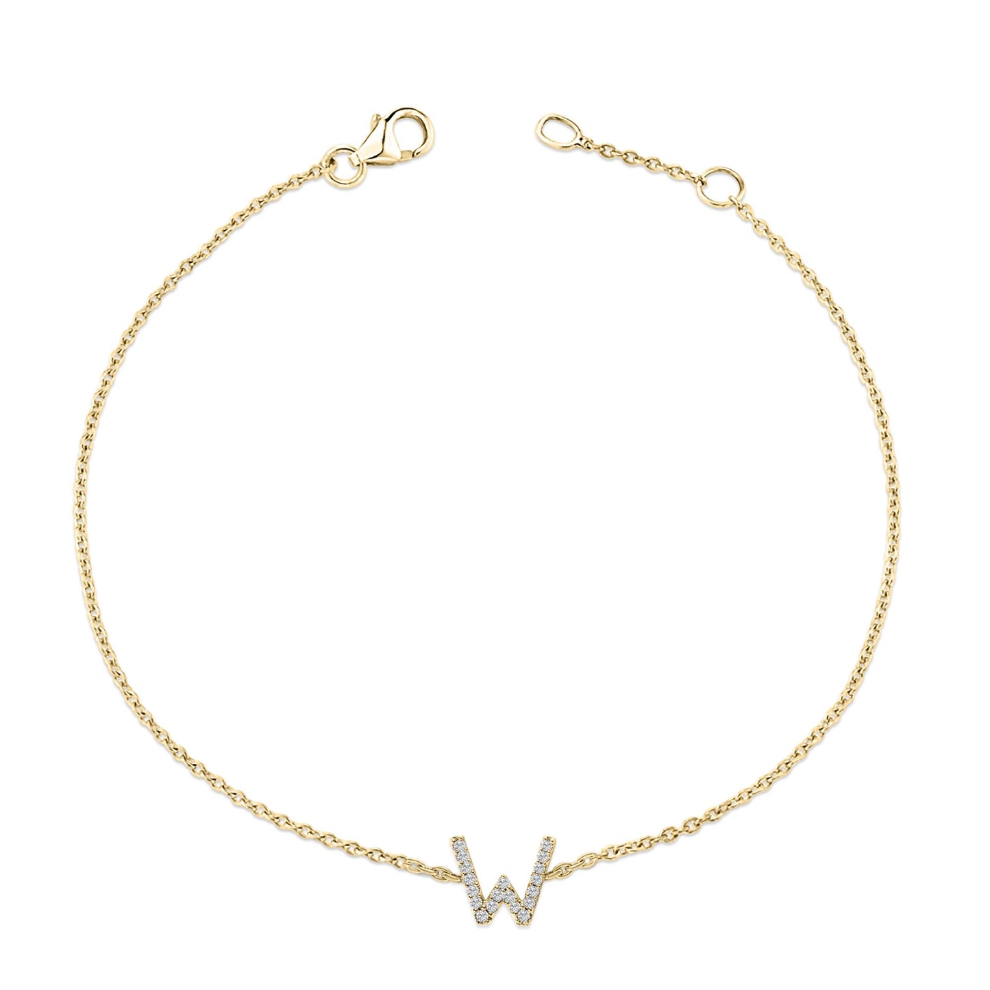 Yellow metal bracelet with a central letter 'W' adorned with small white gemstones in a micro-pave setting, shown from a top-down angle on a white background.