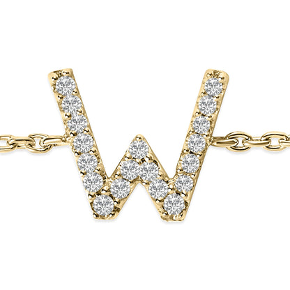 Close-up front view of a yellow metal bracelet featuring a 'W' shaped charm adorned with round white gemstones in a micro-pave setting.