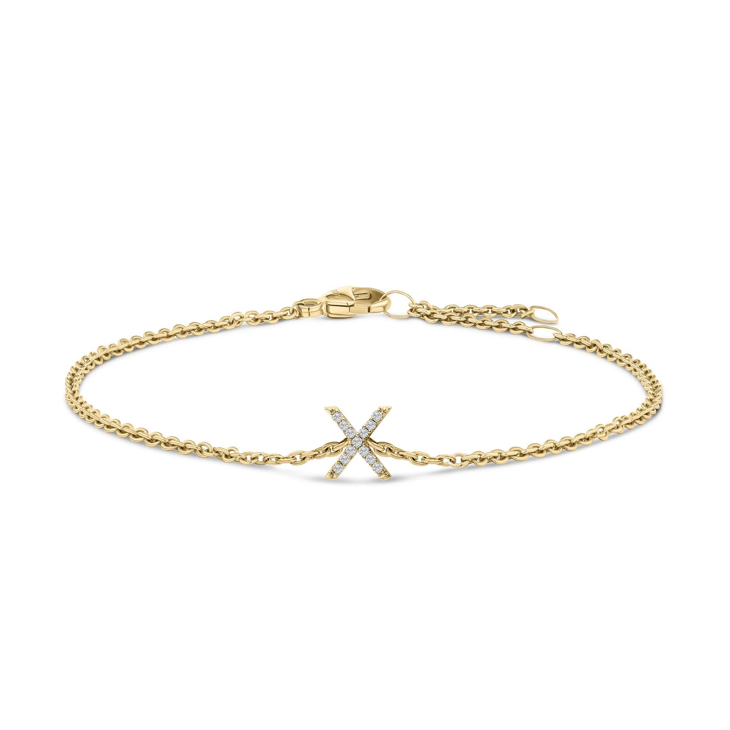 Yellow metal bracelet with an 'X' shaped centerpiece set with small white gemstones in micro-pave style, shown flat on a white background, front view.