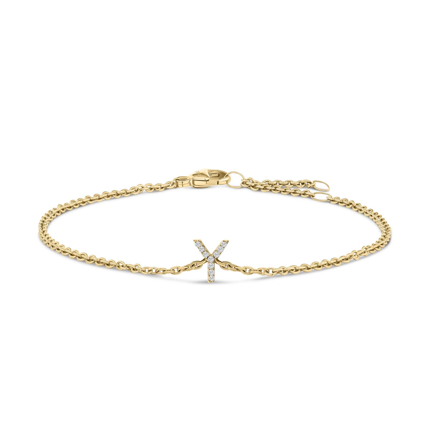 Yellow metal bracelet with a central letter 'Y' adorned with white round gemstones in a micro-pave setting, shown flat on a white background from a top angle.