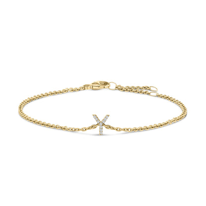 Yellow metal bracelet with a central letter 'Y' adorned with white round gemstones in a micro-pave setting, shown flat on a white background from a top angle.